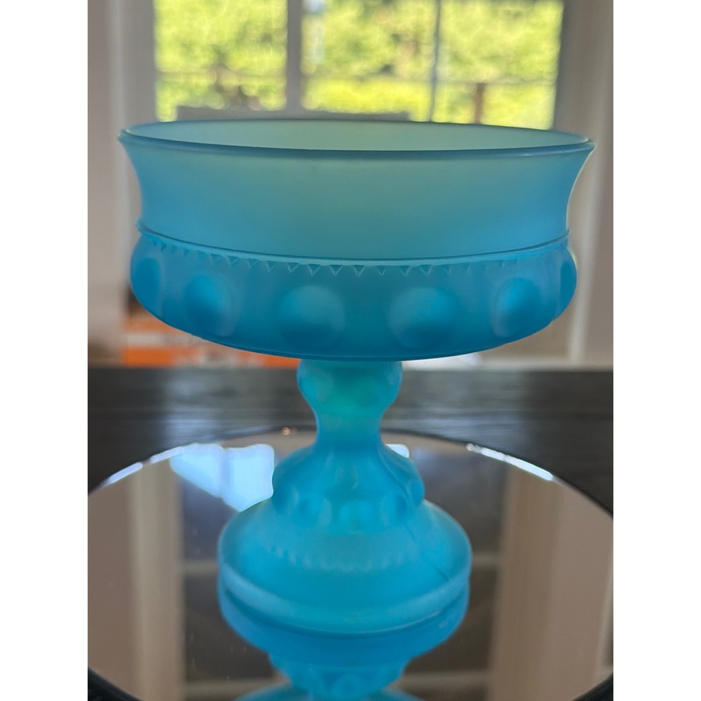 Vintage Indiana Glass King's Crown Thumbprint Compote – Aqua Blue Satin 5.25"